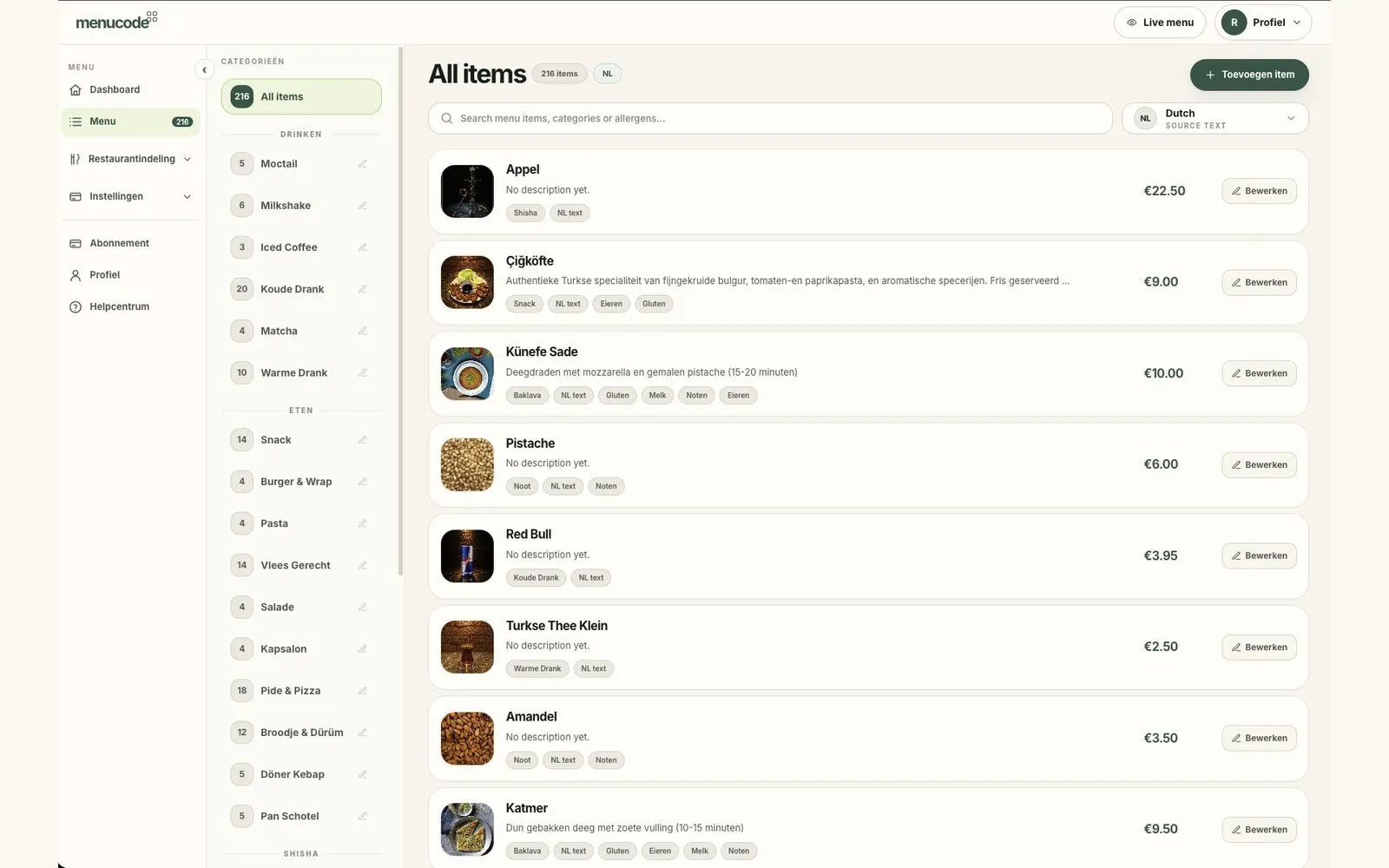 MenuCode dashboard met menu-items en restaurantbeheer