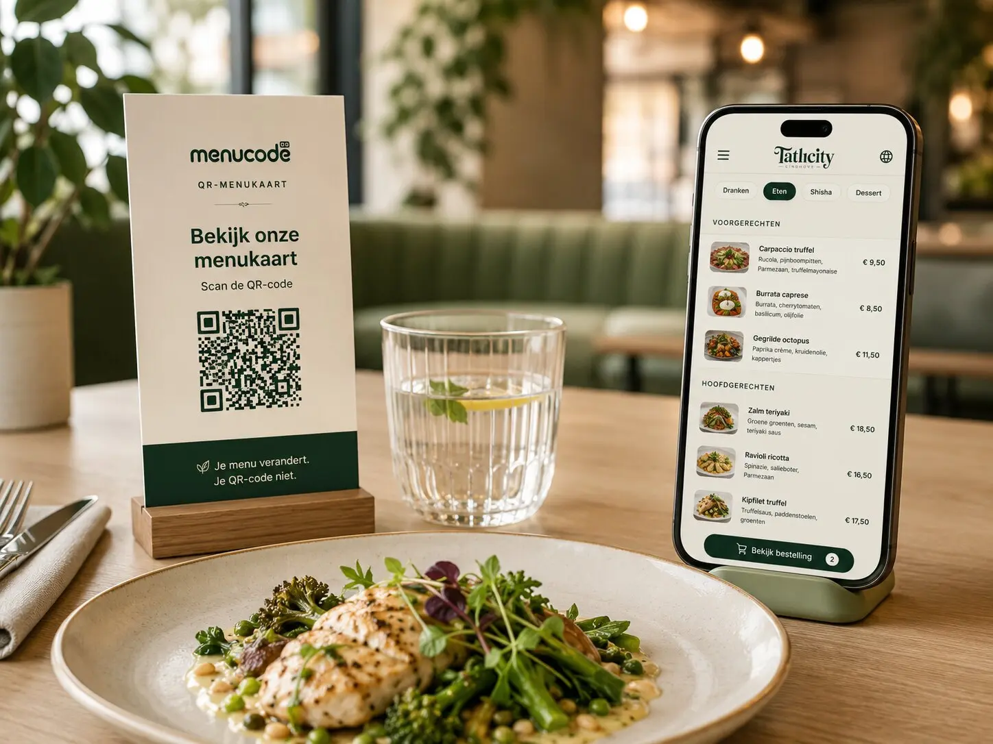 Menucode QR-menukaart op een restauranttafel met het digitale menu geopend op een smartphone