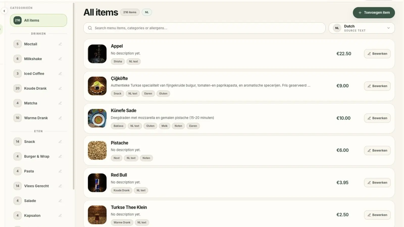 MenuCode beheeromgeving met categorieën en menu-items