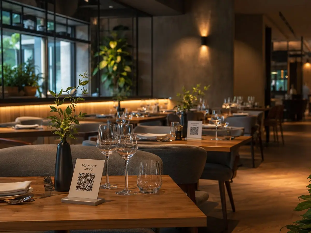 MenuCode QR-code op een restauranttafel met de digitale menukaart op een telefoon